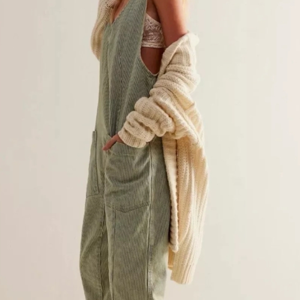 Free People We The Free High Roller Light denim Stripe Jumpsuite Size L- NWT